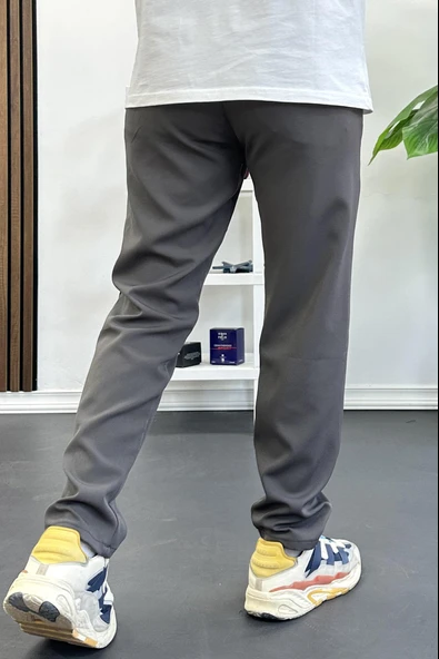 Erkek Slim Fit Beli İpli Düğmeli Pantolon Gri Edw403 - Resim 3