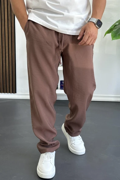 Erkek Beli Lastikli Modal Kumaş Rahat Kesim Pantolon Kahverengi Edw396 - Resim 2