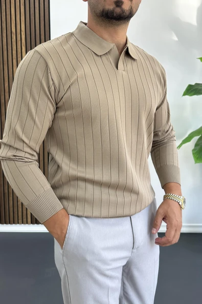 Erkek Açık Yaka Normal Kalıp Kazak Vizon Edw412 - Resim 2