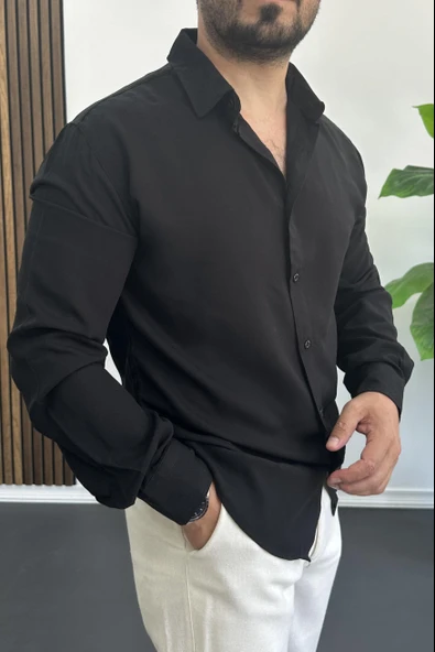 Erkek Viskon Kumaş Uzun Kollu Gömlek Siyah Edw391 - Resim 2