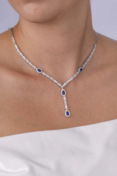 Gümüş Pazarım Safir Taşlı Damla Motifli Rodyum Kaplama Gümüş Kolye - Resim 2