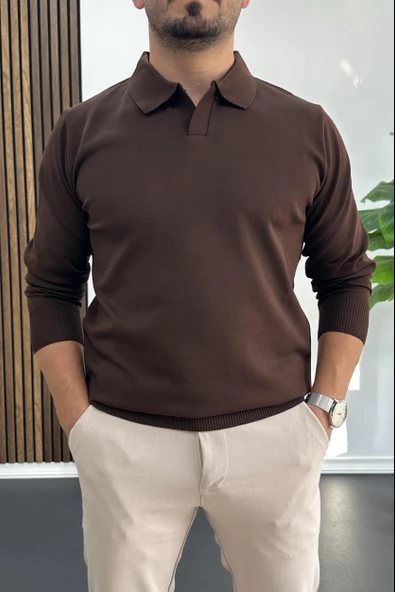 Erkek Açık Yaka Düz Desen Normal Kalıp Kazak Kahverengi Edw423 ürün görseli