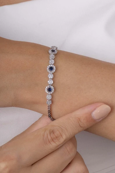 Gümüş Pazarım Safir Taşlı Su Yolu Pırlanta Montür Rodyum Kaplama Gümüş Bileklik - Resim 3