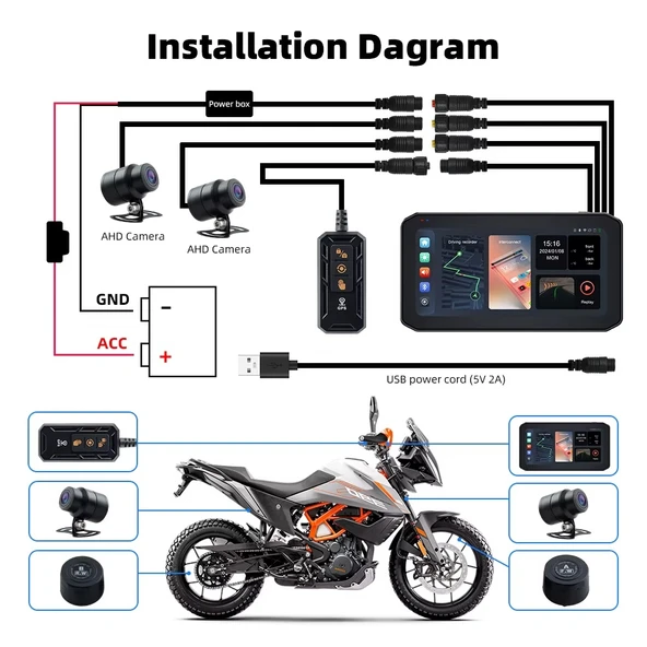 Motosiklet Ekran CarPlay Android Auto Ön ve Arka Kamera Kayıt Özellikli Lastik Sensörlü Multimedya - 6