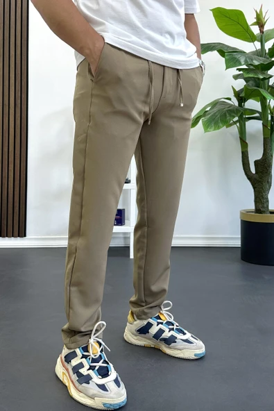 Erkek Slim Fit Beli İpli Düğmeli Pantolon Kahverengi Edw403 - Resim 2
