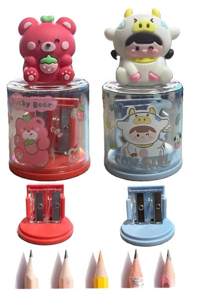 Mini Figürlü Sevimli 2 li Kalem Traş 2 Adet Hazneli Kalemtıraş Çift Bıçaklı Kalem Açacağı Figürlü NO1 Jumbo ve Standart