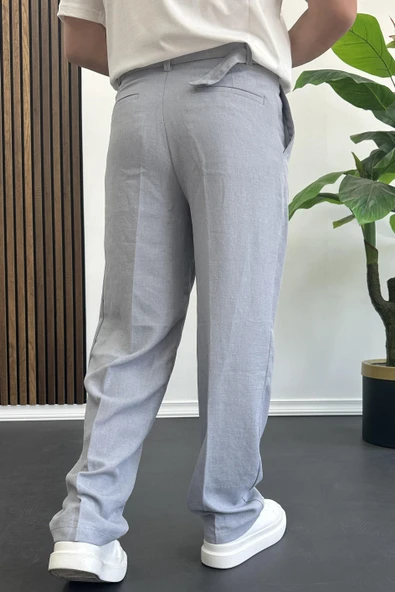 Erkek Beli Düğmeli Rahat Kalıp Yazlık Pantolon Mavi Edw393 - Resim 3