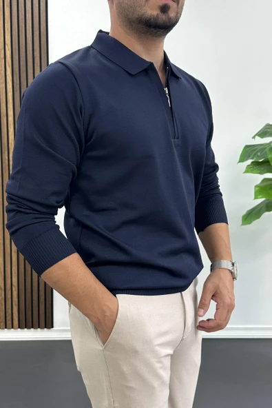 Erkek Yarım Fermuarlı Düz Desen Polo Yaka Kazak Lacivert Edw424 - Resim 2