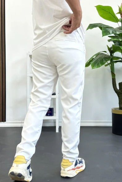 Erkek Slim Fit Beli İpli Düğmeli Pantolon Beyaz Edw403 - Resim 4