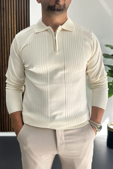 Erkek Çizgi Desenli Normal Kalıp Kazak Krem Edw422 ürün görseli