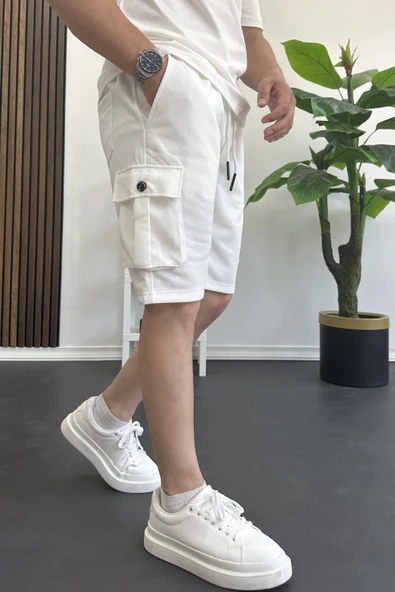 Erkek Beli Lastikli Cepli Şort Beyaz Edw388 ürün görseli