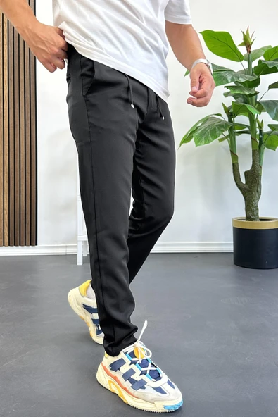 Erkek Slim Fit Beli İpli Düğmeli Pantolon Siyah Edw403 - Resim 2