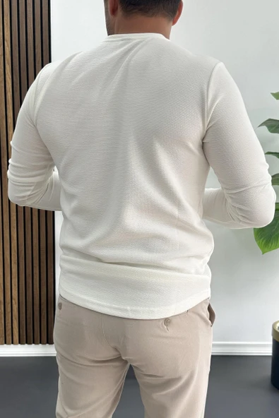 Erkek Oval Kesim Bisiklet Yaka Mevsimlik Sweatshirt Beyaz Edw421 - Resim 3