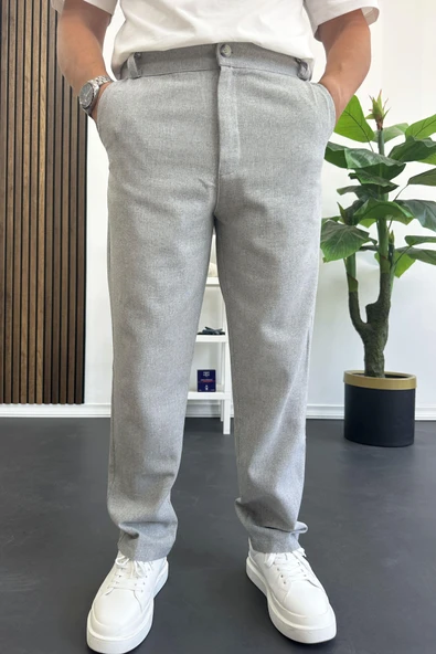 Erkek Normal Kesim Keten Pantolon Gri Edw386 - Resim 3