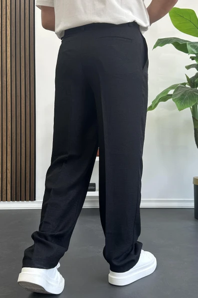 Erkek Beli Düğmeli Rahat Kalıp Yazlık Pantolon Siyah Edw393 - Resim 3