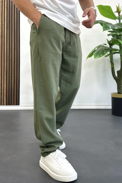 Erkek Rahat Kalıp Keten Görünümlü Pamuklu Beli Lastikli Pantolon Yeşil Edw404 ürün görseli