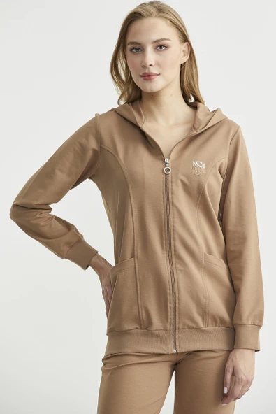 Oversize Kapüşonlu Fermuarlı Eşofman Takım - Kamel - Resim 2