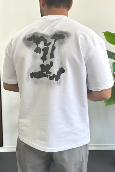 Erkek Kabartmalı Sırt Baskılı Oversize Tişört Beyaz Edw390 ürün görseli