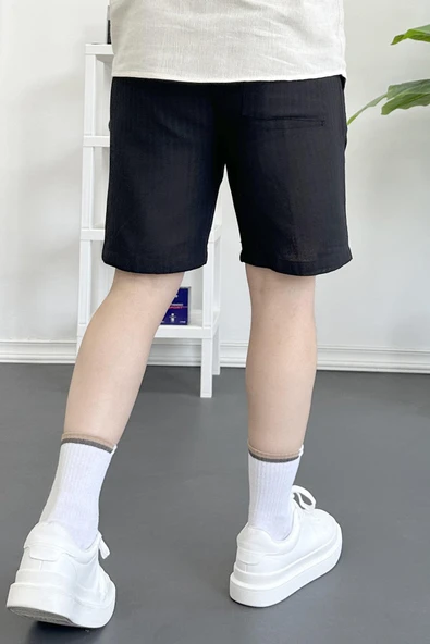Erkek Beli Lastikli Keten Kumaş Şort Siyah Edw370 - Resim 3