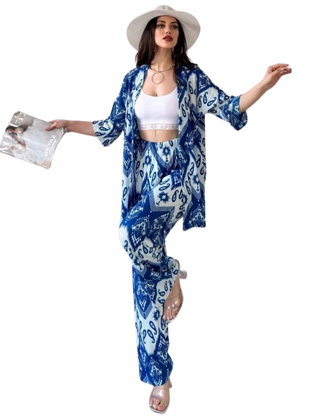 Alt Üst Takım Kimono- Desenli-Mavi