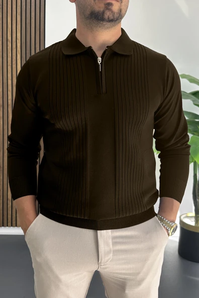 Erkek Çizgi Desenli Normal Kalıp Kazak Koyu Kahverengi Edw422 ürün görseli