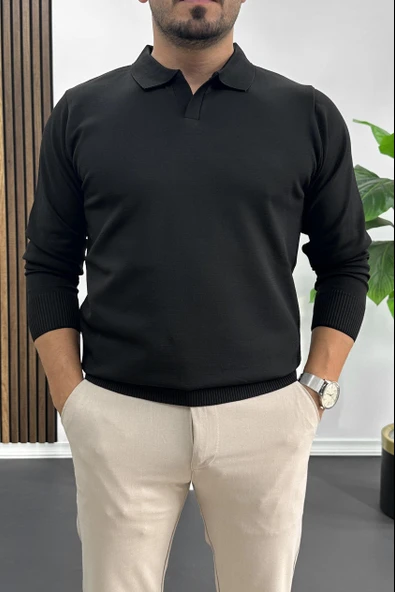 Erkek Açık Yaka Düz Desen Normal Kalıp Kazak Siyah Edw423 ürün görseli