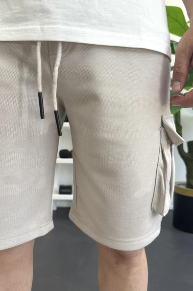 Erkek Beli Lastikli Cepli Şort Krem Edw388 - Resim 4
