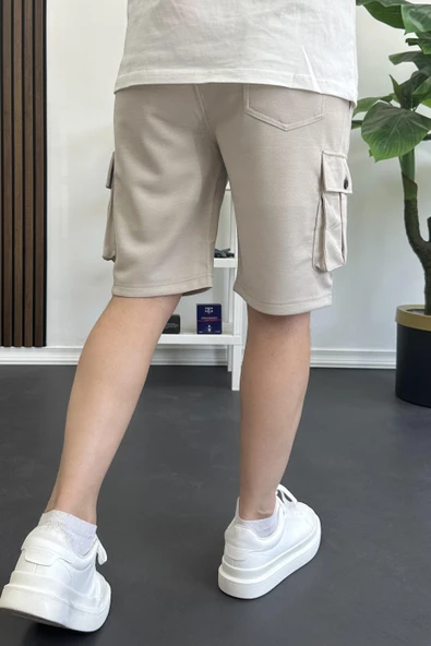 Erkek Beli Lastikli Cepli Şort Krem Edw388 - Resim 3