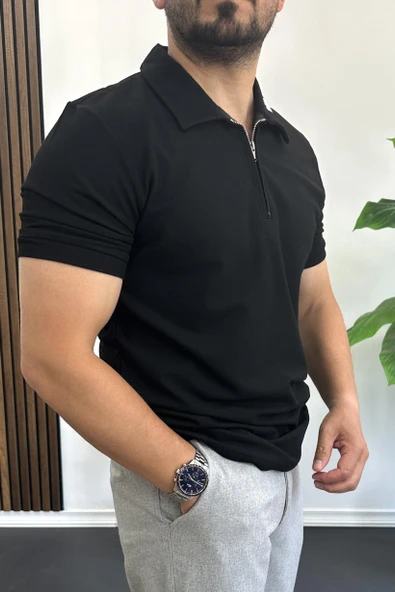 Erkek Yakası ve Kolu Nakış Detaylı Polo Yaka Fermuarlı Tişört Siyah Edw392 - Resim 2