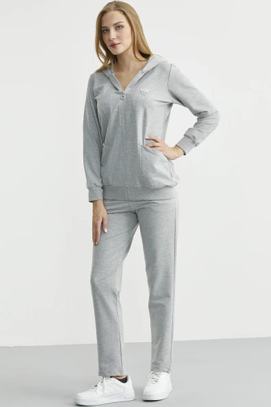 Oversize Kapüşonlu Fermuarlı Eşofman Takım - Gri - Resim 5