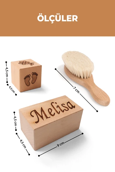 İsime Özel Ahşap Anne-Bebek Anı Küpü Ve Doğal Keçi Kılı Bebek Tarağı - 10