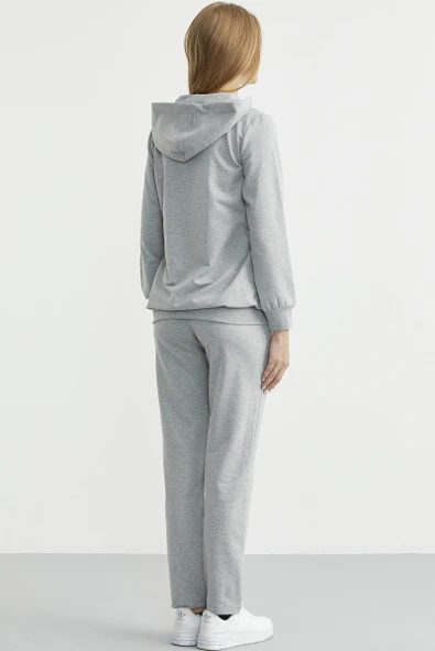 Oversize Kapüşonlu Fermuarlı Eşofman Takım - Gri - Resim 6