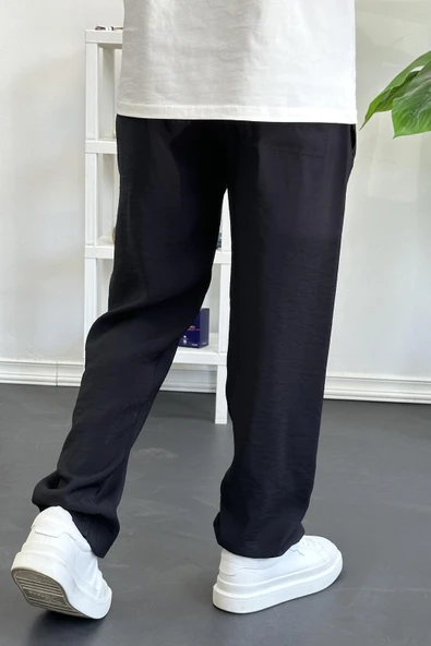 Erkek Beli Lastikli Modal Kumaş Rahat Kesim Pantolon Siyah Edw396 - Resim 2
