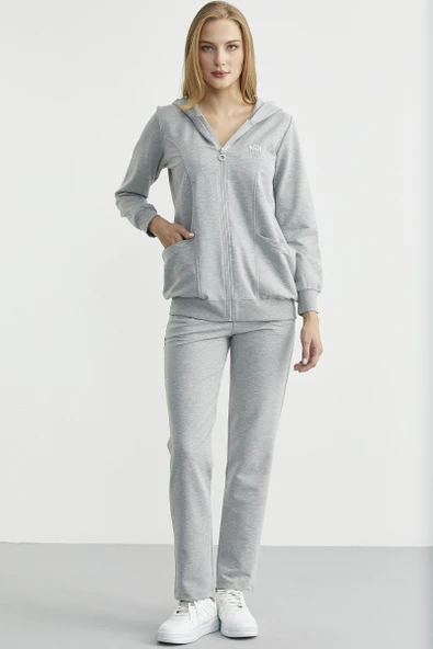 Oversize Kapüşonlu Fermuarlı Eşofman Takım - Gri ürün görseli 1