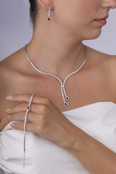 Gümüş Pazarım Yakut Taşlı Damla Motifli Rodyum Kaplama Gümüş Düğün Seti - 3