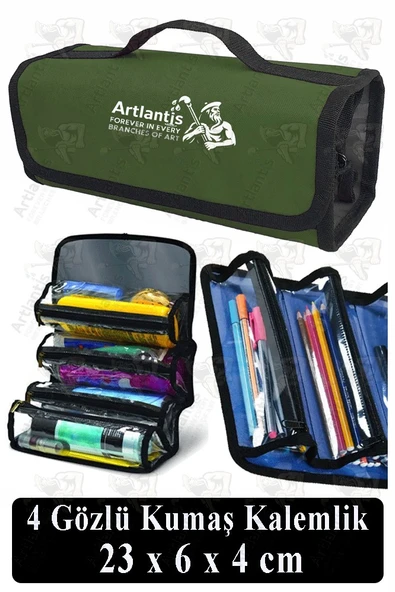 4 Gözlü Kalem Çantası 1 Adet Dört Bölümlü Kalemlik Sanatsal Şeffaf Bölmeli Kulplu Taşınabilir Kumaş Kalemlik - 8
