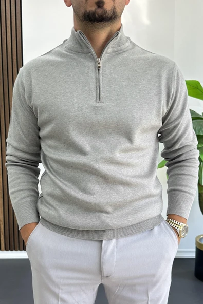 Erkek Yarım Fermuarlı Normal Kalıp Kazak Gri Edw411 - Resim 2