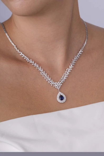 Gümüş Pazarım Hürrem Sultan Modeli Safir Taşllı Damla Motifli 925 Ayar Gümüş Kolye - Resim 2