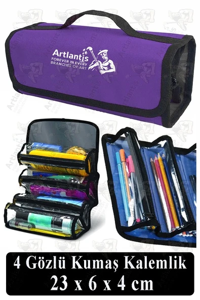 4 Gözlü Kalem Çantası 1 Adet Dört Bölümlü Kalemlik Sanatsal Şeffaf Bölmeli Kulplu Taşınabilir Kumaş Kalemlik - 4