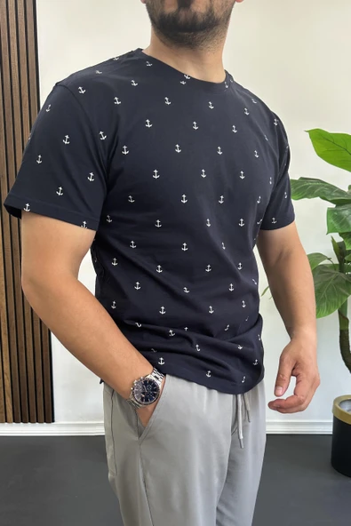 Erkek Çapa Desenli Bisiklet Yaka Tişört Lacivert Edw395 - Resim 3