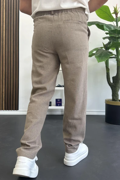 Erkek Normal Kesim Keten Pantolon Açık Kahverengi Edw386 - Resim 4