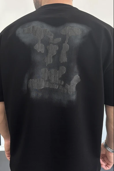 Erkek Kabartmalı Sırt Baskılı Oversize Tişört Siyah Edw390 - Resim 4