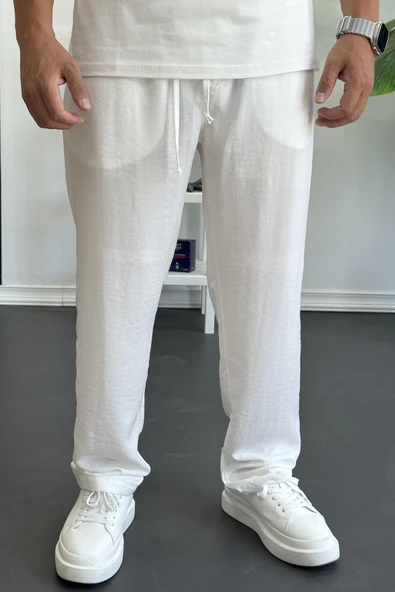 Erkek Beli Lastikli Modal Kumaş Rahat Kesim Pantolon Beyaz Edw396 - Resim 2