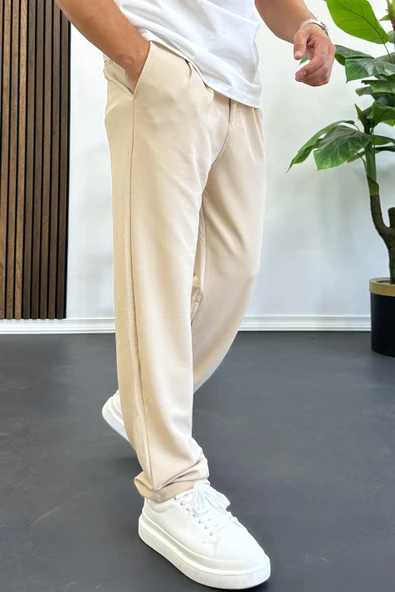 Erkek Rahat Kalıp Pileli Pantolon Krem Edw402 - Resim 2