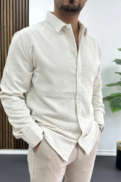 Erkek Kadife Kumaş Gömlek Beyaz Edw415 - Resim 2