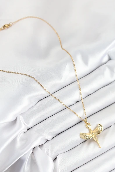 316L Çelik Zirkon Taşlı Melek Model Gold Renk Kadın Kolye - TJ-BKO10520 - Resim 2