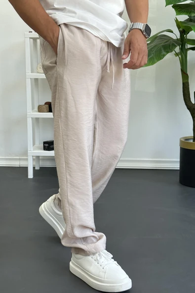Erkek Beli Lastikli Modal Kumaş Rahat Kesim Pantolon Krem Edw396 ürün görseli