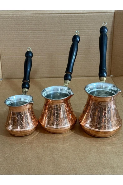 3 Lü Tombik Bakır Cezve Oyma Desen El İşciliği - Resim 3