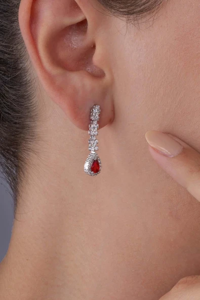 Gümüş Pazarım Yakut Taşlı Damla Motifli Rodyum Kaplama Gümüş Küpe - 2