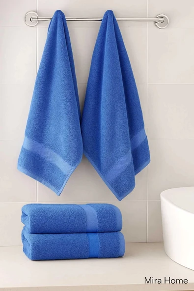 4 Parça Ekonomik Banyo Havlu Takımı %100 Pamuklu Quickdry Mavi Mavi - Resim 2